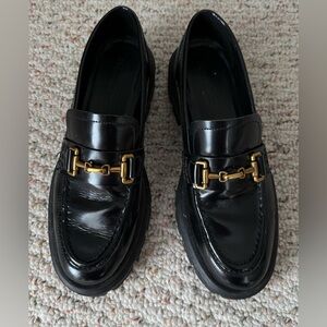 Massimo Dutti Black Leather Loafers with Gold Accent